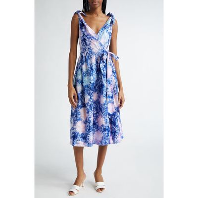 BUSAYO Funbi Tie Dye Cotton Midi Wrap Dress in Blue/Pink 