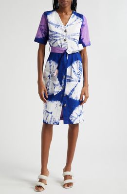 BUSAYO Kuti Tie Belt Button Front Denim Midi Dress in Blue Multi 