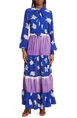 BUSAYO Muyiwa Tie Neck Long Sleeve Tiered Maxi Dress in Blue Purple