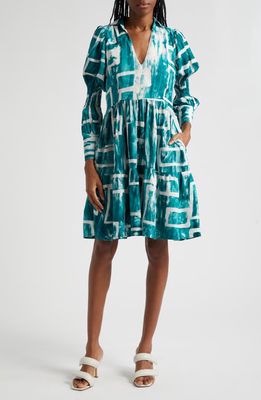 BUSAYO Wande Long Sleeve A-Line Dress in White/Green 