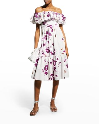 Butterfly Floral-Print Ruffle Off-The-Shoulder Midi Dress