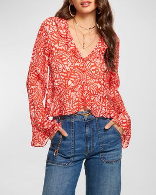 Butterfly-Print Alyson Button-Front Blouse