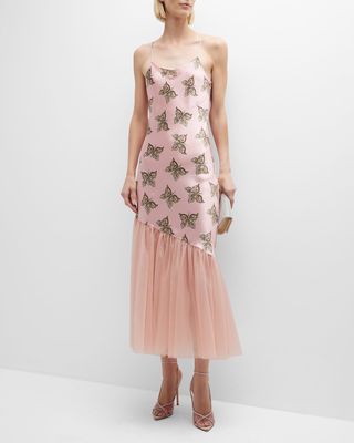 Butterfly-Print Asymmetrical Tulle-Ruffle Silk Slip Dress