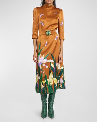Butterfly-Print Belted Silk Midi Dress