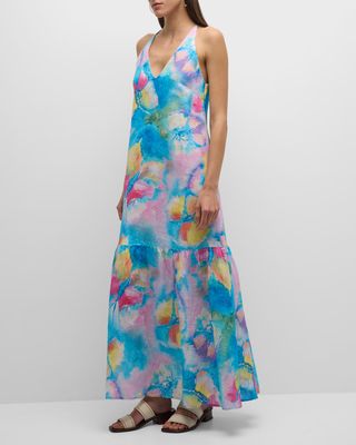 Butterfly-Print Linen Halter Maxi Dress