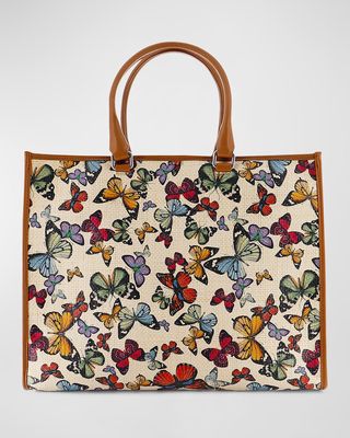 Butterfly-Print Raffia Tote Bag