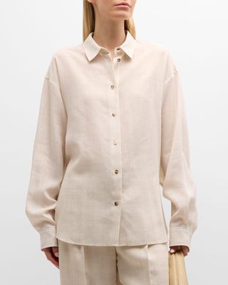 Button-Front Belted Linen Shirt