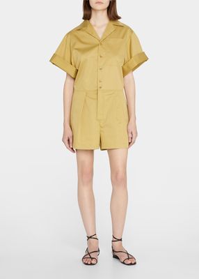 Button-Front Collared Shorts Jumpsuit