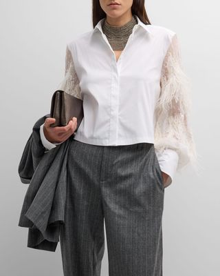 Button-Front Cotton Shirt with Ostrich Feather Sleeves