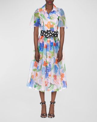 Button-Front Floral-Print Midi Dress with Tie Belt
