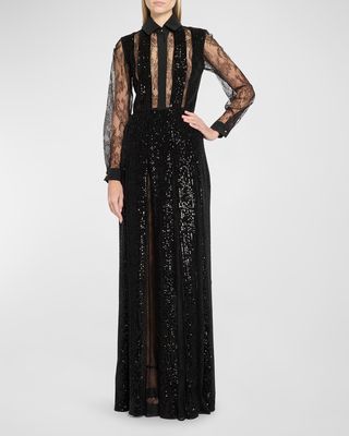 Button-Front Lace Gown with Velvet And Sequin Detail