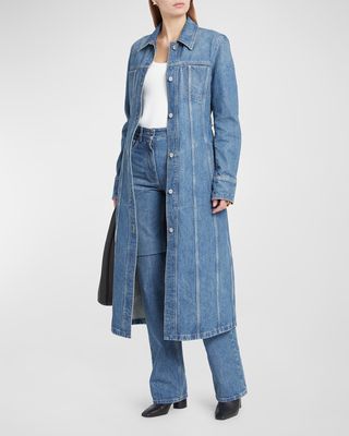 Button-Front Long Denim Trench Coat