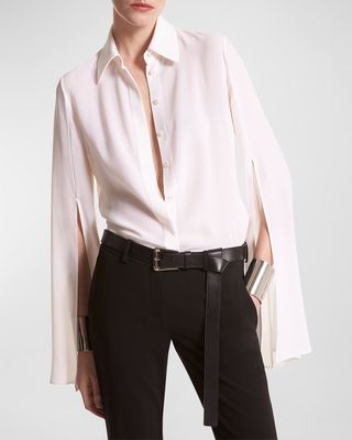 Button-Front Silk Shirt with Split Sleeves