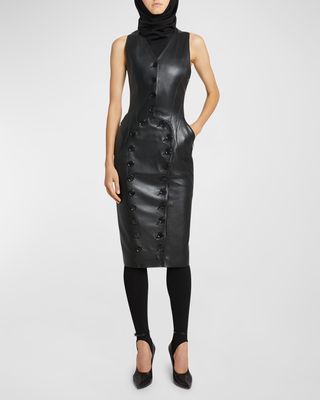 Button-Front Sleeveless Leather Midi Vest Dress