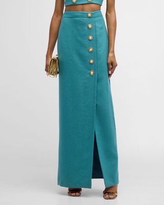 Button-Front Slit-Hem Textured Italian Wool Gown Skirt