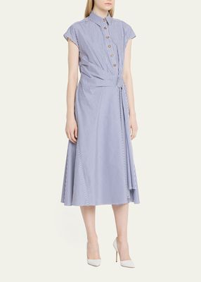 Button-Front Striped Midi Dress with Side Knot Detail