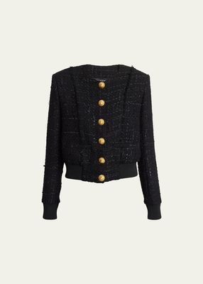 Button-Front Tweed Blouson Jacket
