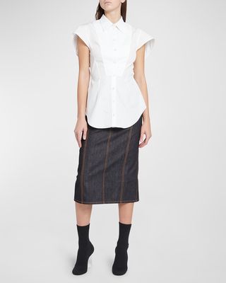 Button-Front Waisted Shirt with Wing Sleeves