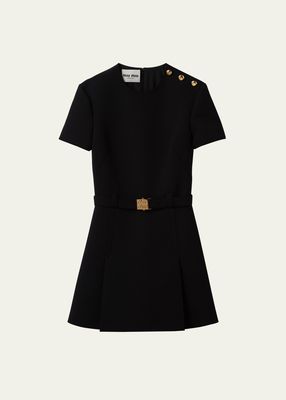 Button-Shoulder Short-Sleeve Belted Grain De Poudre Mini Dress