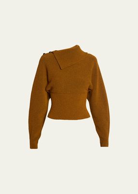 Button-Shoulder Wool Viscose Boucle Sweater