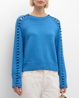 Button-Sleeve Crewneck Sweater