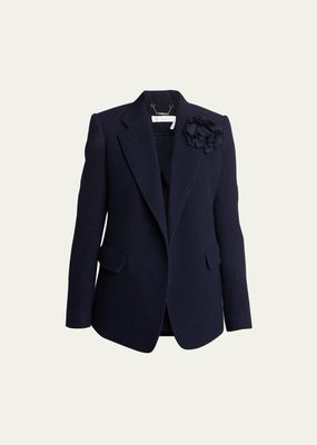 Buttonless Wool Cashmere Tailored Jacket with 3-D Flower Brooch