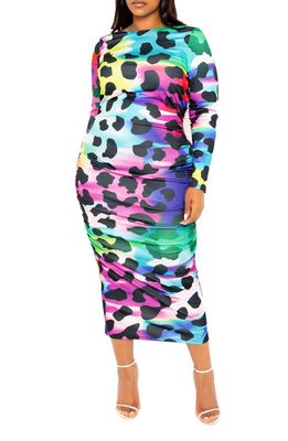 BUXOM COUTURE Animal Print Ruched Long Sleeve Body-Con Dress in Multi