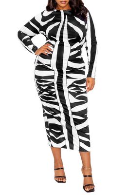 BUXOM COUTURE Animal Print Ruched Long Sleeve Maxi Dress in Black/White