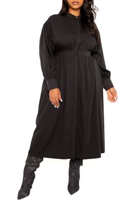 BUXOM COUTURE Back Waist Cutout Long Sleeve Midi Shirtdress in Black