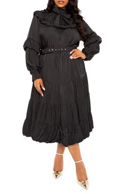 BUXOM COUTURE Belted Bubble Hem Long Sleeve Midi Dress in Black