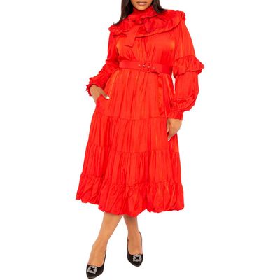 BUXOM COUTURE Belted Bubble Hem Long Sleeve Midi Dress in Red 