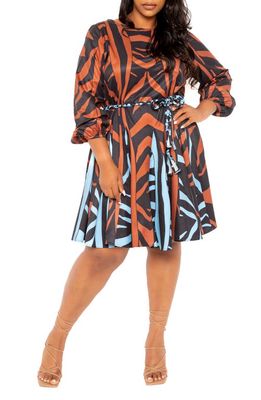 BUXOM COUTURE Bishop Sleeve Belted Fit & Flare Dress in Brown Multi