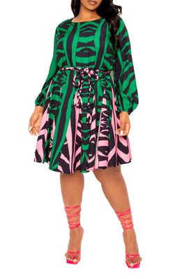 BUXOM COUTURE Bishop Sleeve Belted Fit & Flare Dress in Green Print 