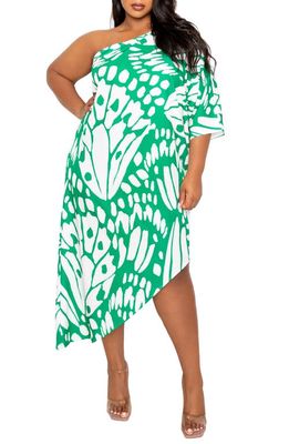 BUXOM COUTURE Butterfly Print Asymmetric One-Shoulder Dress in Green