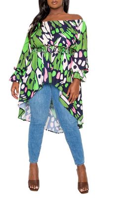 BUXOM COUTURE Butterfly Print Off the Shoulder Long Sleeve High-Low Top in Green Multi