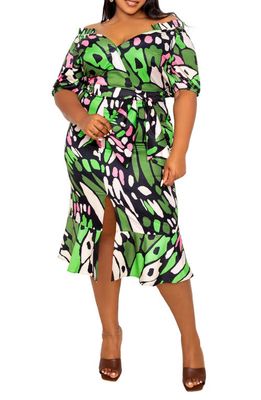 BUXOM COUTURE Butterfly Print Off the Shoulder Tie Waist Dress in Green Multi
