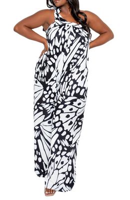 BUXOM COUTURE Butterfly Print One-Shoulder Jumpsuit in Black