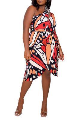 BUXOM COUTURE Butterfly Print One-Shoulder Sheath Dress in Rust Multi