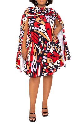 BUXOM COUTURE Butterfly Print Pleated Cape Minidress in Rust Multi