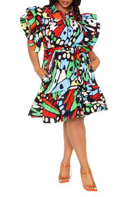 BUXOM COUTURE Butterfly Print Ruffle Tie Waist Dress in Blue Multi