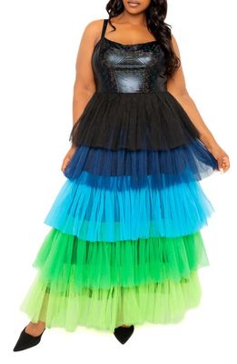 BUXOM COUTURE Colorful Tiered Faux Leather & Tulle Maxi Dress in Blue Multi