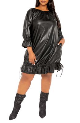 BUXOM COUTURE Drawstring Hem Faux Leather Shift Dress in Black
