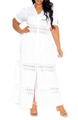 BUXOM COUTURE Eyelet Embroidered Puff Sleeve Maxi Dress in White