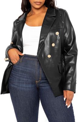 BUXOM COUTURE Faux Leather Double Breasted Blazer in Black