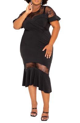 BUXOM COUTURE Fit & Flare Dress With Lace Inserts in Black