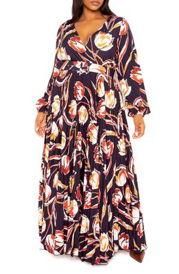 BUXOM COUTURE Floral Long Sleeve Pleated Maxi Dress in Navy Multi