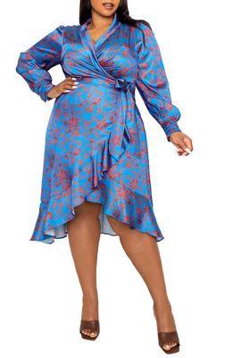 BUXOM COUTURE Floral Long Sleeve Satin Wrap Dress in Blue Floral