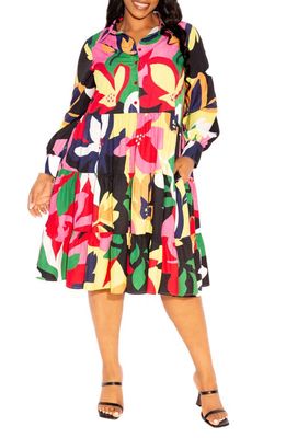 BUXOM COUTURE Floral Long Sleeve Shirtdress in Black Multi