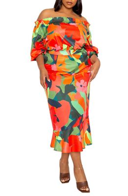 BUXOM COUTURE Floral Off-the-Shoulder Fit & Flare Dress in Orange Multi