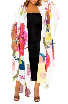 BUXOM COUTURE Floral Print Open Front Duster in White Multi